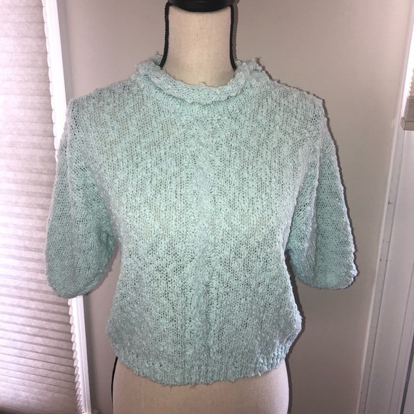 Vintage Sweater Margules 80’s Bubble Knit Textured Blue Green Rolled Neck Short - Picture 1 of 5